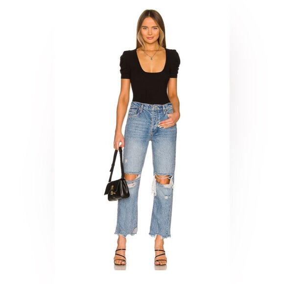 Free People Blue Boyfriend Jeans with Distressed Cropped Style - Picture 3 of 5